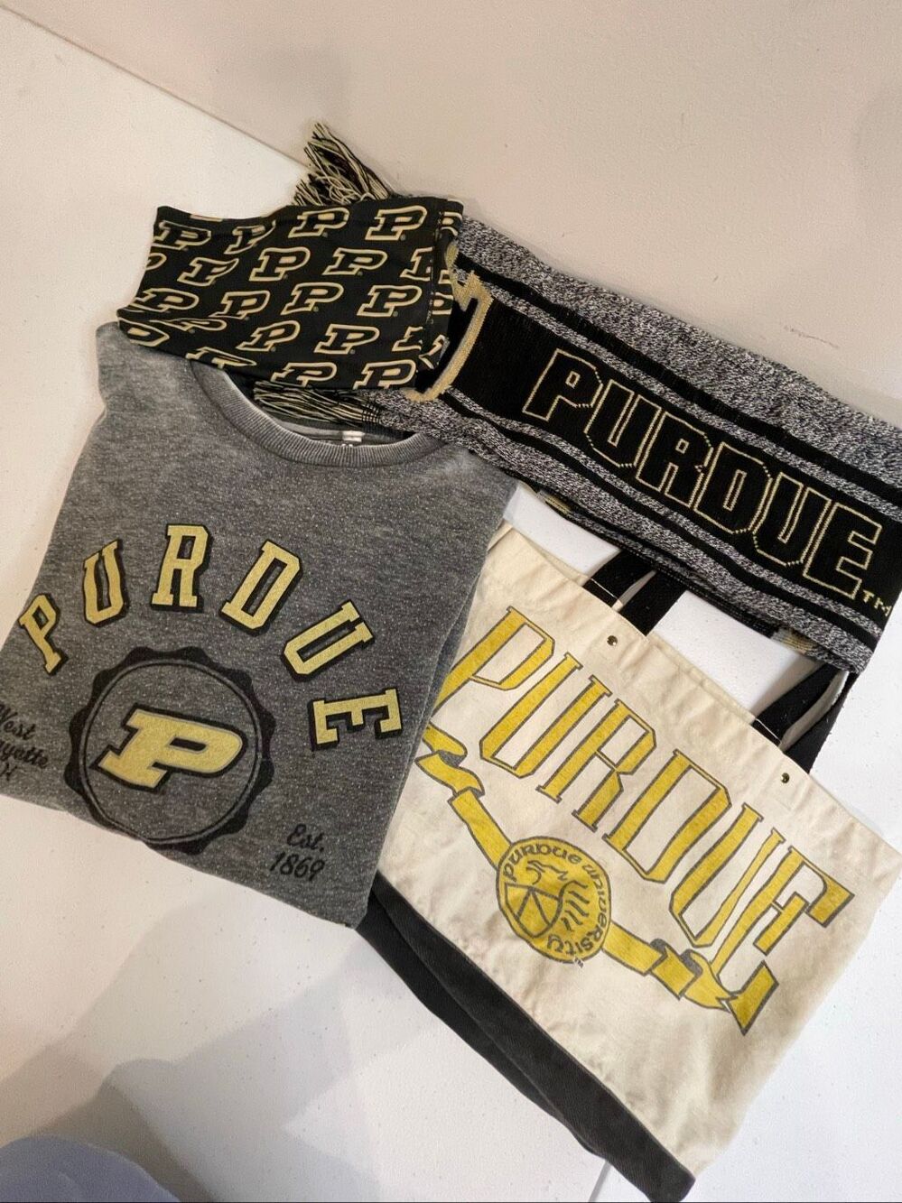 Purdue women’s Large distressed sweat shirt with bag, scarf and neck warmer